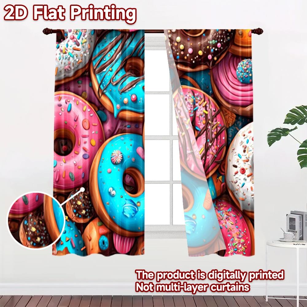 2D Flat Printing 2pcs Scene Curtains Donuts Colorful Sweet Frosting Digital Printed Polyester Drapes Festive Curtains Use for