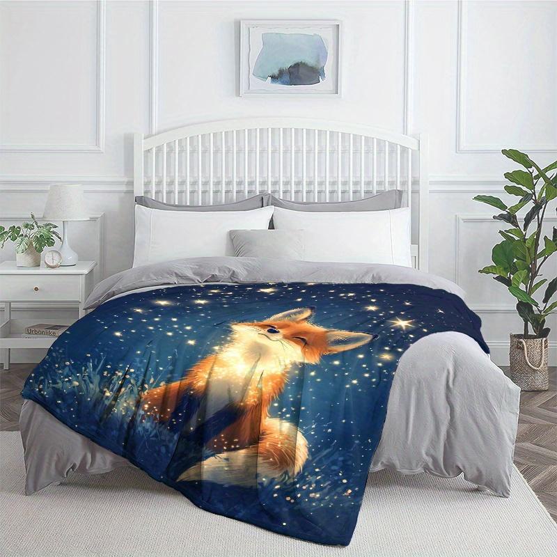 Fox Under the Stars Lightweight Flannel Throw Blanket - Polyester Fleece Blanket for Sofa, Bed, Travel, Camping, Living Room