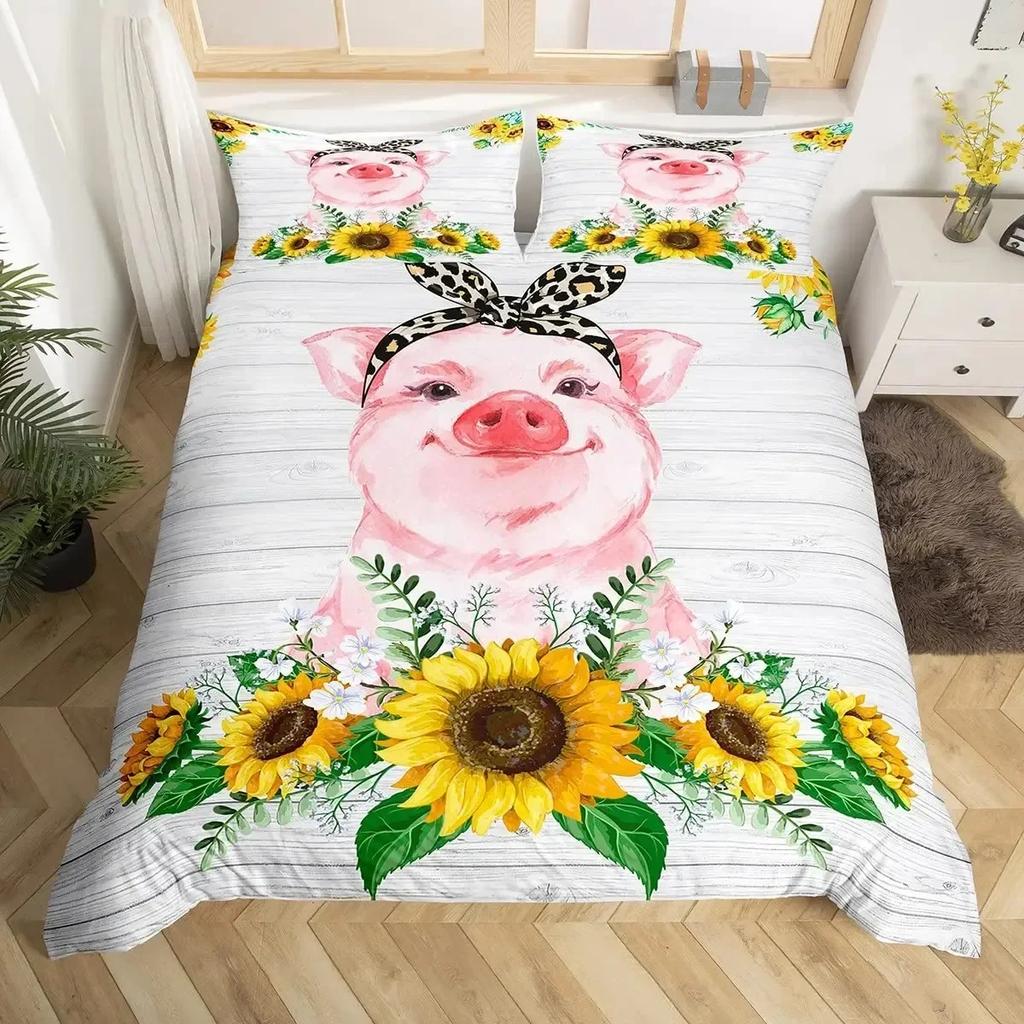 Cute Pig sunflowers Florals Pink Grid Lattice Plaid Comfortable Duvet Quilt Cover Pillowcase Bedding Set Bedroom Home Textile