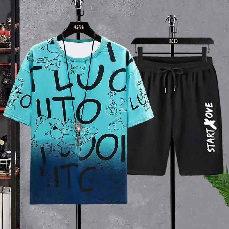

Мужские комплекты 2025 Летняя мода Тонкие футболки с короткими рукавами + шорты Мужская одежда Повседневный быстросохнущий спортивный костюм Спортивная одежда XL