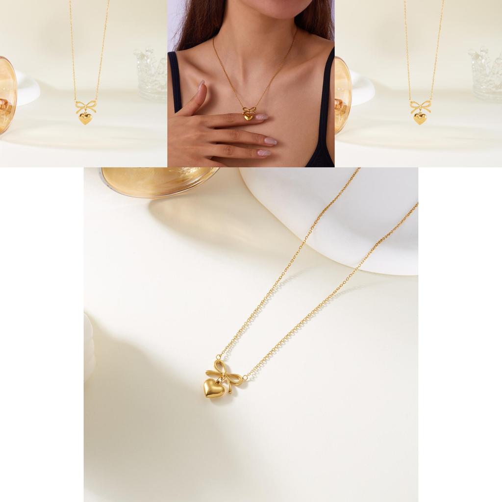 Stylish Cross Chain Necklace With Heart And Butterfly Bow Pendant In Stainless Steel For Women