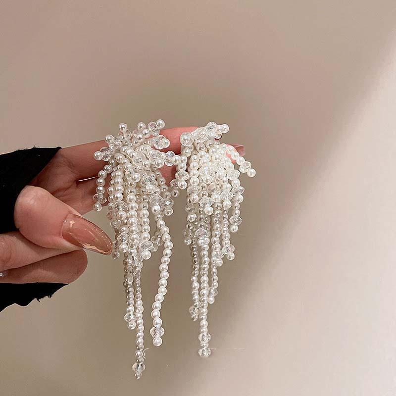 Premium pearl flower fringed earrings 2025 light luxury gentle temperament earrings niche personality earrings women