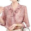 Elegante Blusa de Gasa con Encaje Rosa y Lazo en V, Tallas Grandes, para Personas de Mediana Edad y Mayores
