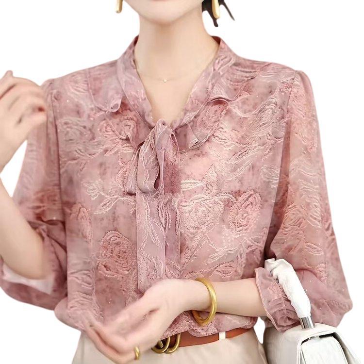 Elegant V-Neck Bow Blouse - Pink Lace Chiffon, Plus Size, for Middle-Aged & Elderly
