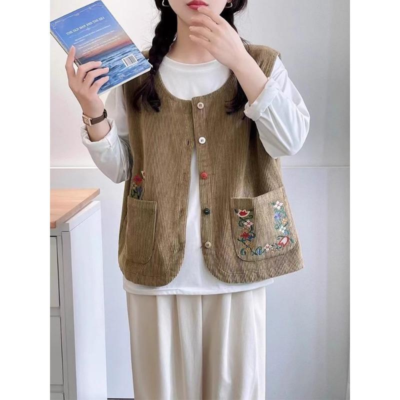 

Легкий Роскошный Ретро Этнический Стиль Жилет из Вельвета Свободного Кроя Вышитый Без Рукавов L коричневый