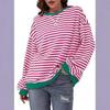 Women's Simple Home Casual Striped Pattern Round Neck Trendy Long-sleeved Pullover Color Block T-shirt