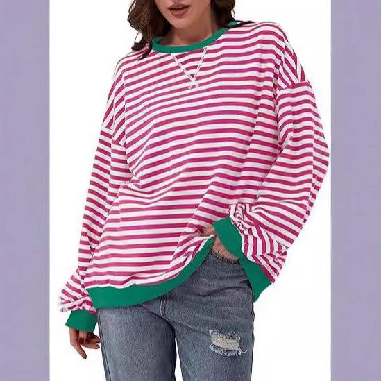 Women's Simple Home Casual Striped Pattern Round Neck Trendy Long-sleeved Pullover Color Block T-shirt