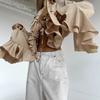 Spring/Summer European and American Fashionable Women's Chiffon Ruffle Design Round Neck Flared Sleeve Women's Shirt Top