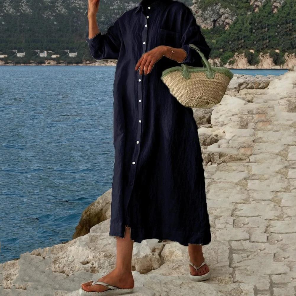 

GMXIA Женские модные летние весенние однотонные повседневные платья с длинными рукавами и воротником-поло с принтом XXXXXL темно-синий