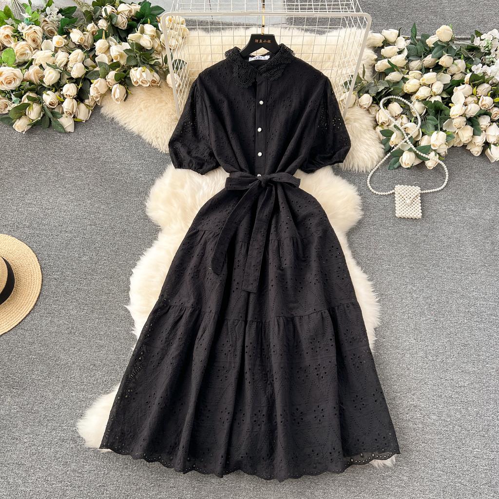 2026 retro embroidery hollow lace lapel breasted slim-fit long age-reducing bubble sleeve dress women