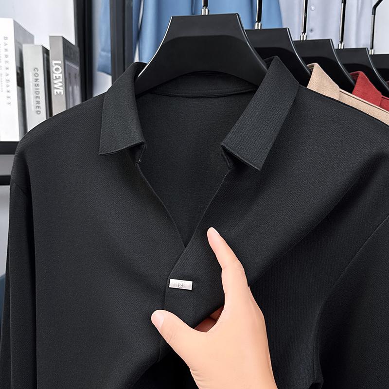 

High End Quality Men S Polo Shirt Solid Color Simple V-Neck No Trace Long Sleeve Autumn Lapel T-Shirt Business Classic Menswear 4XL чёрный