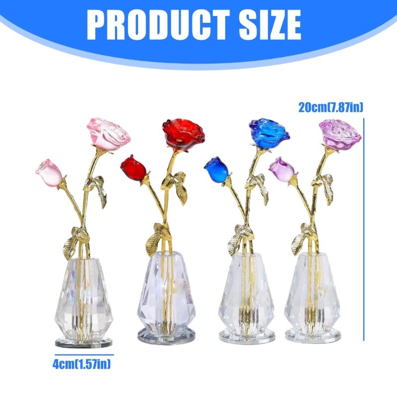 Crystal Rose Sculpture with Vase Collectible Flower Ornament Wedding Anniversary Gift for Home Decoration Accent