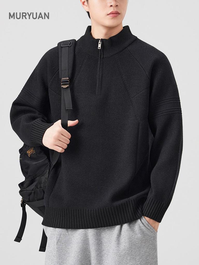 Mu Yuan Men's 2025 Fall/Winter Half-Zip Stand Collar Japanese Casual Knit Sweater