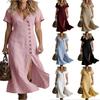 Fashionable Women's V-neck Short Sleeved Button Slit Fashionable Casual Cotton And Linen Dress