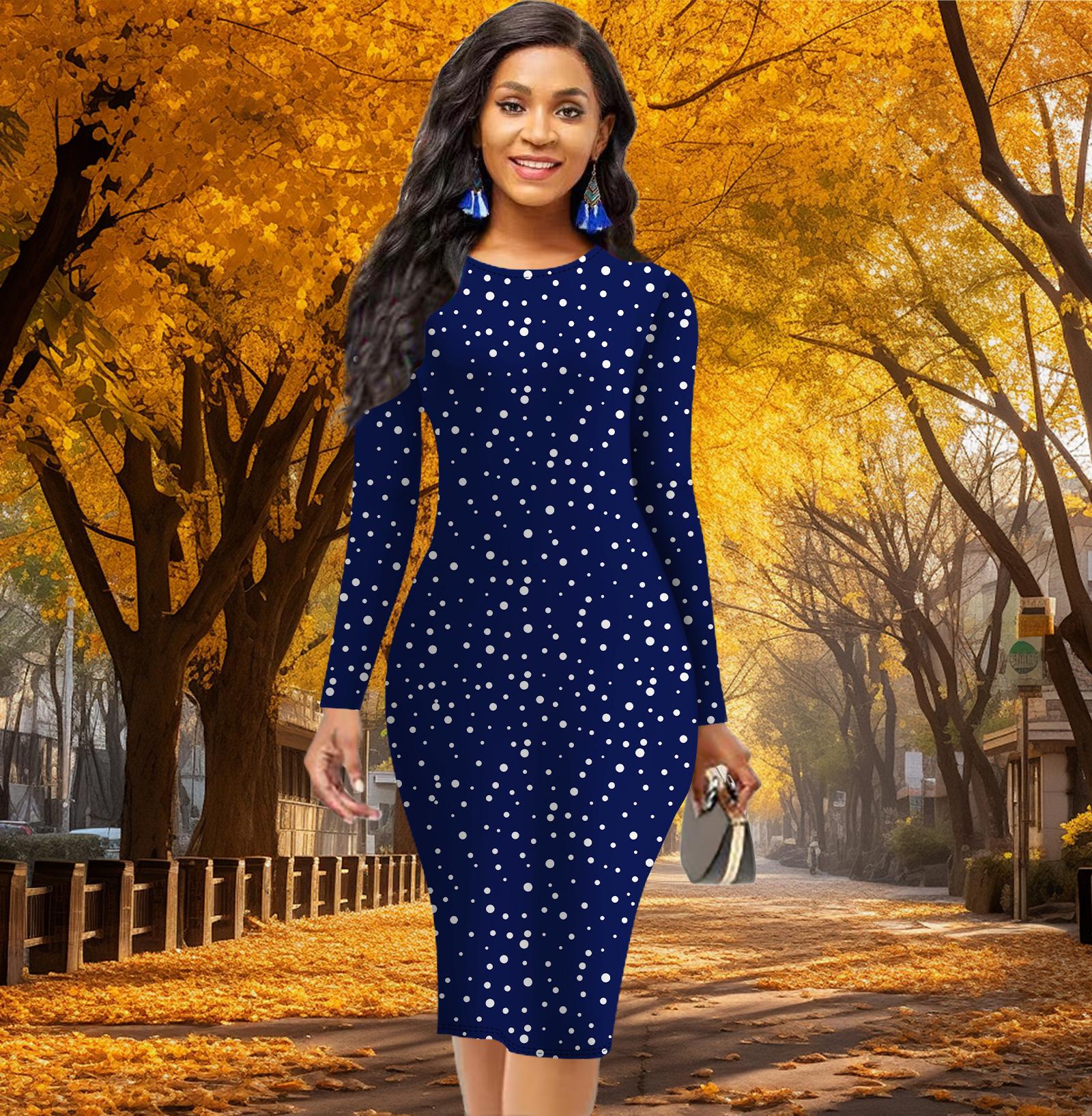 

Длинный рукав, облегающее, офисное, облегающее, с белыми горошинами, элегантное облегающее платье 6XL темно-синий