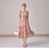 Summer V-neck Bubble Sleeve Chiffon Floral Dress Medium and Long High Waist Thin Fresh and Sweet Princess Style