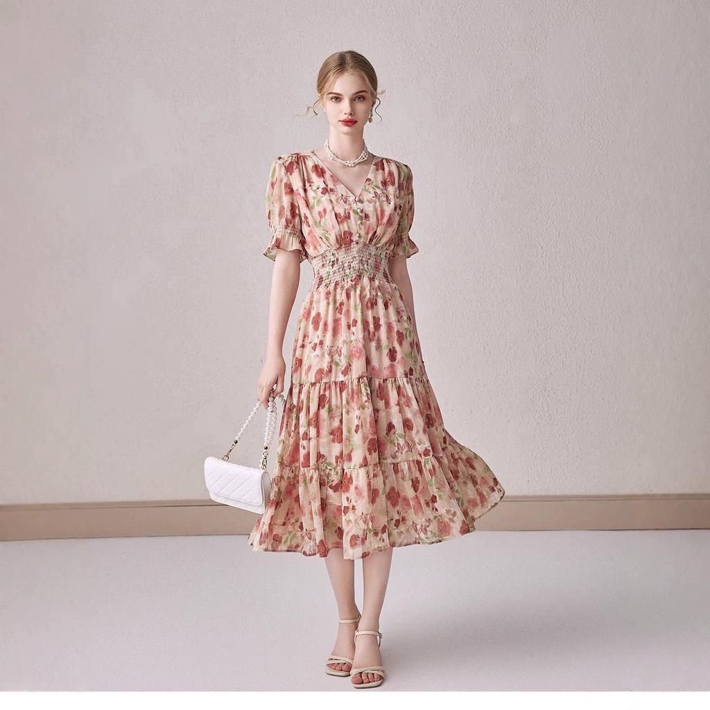 Summer V-neck Bubble Sleeve Chiffon Floral Dress Medium and Long High Waist Thin Fresh and Sweet Princess Style