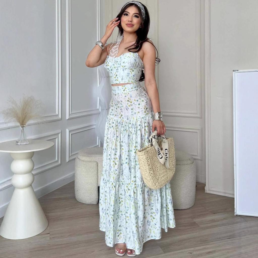 2025 summer European and American cross-border women's clothing new French slim-fit suspender halter top floral dress set