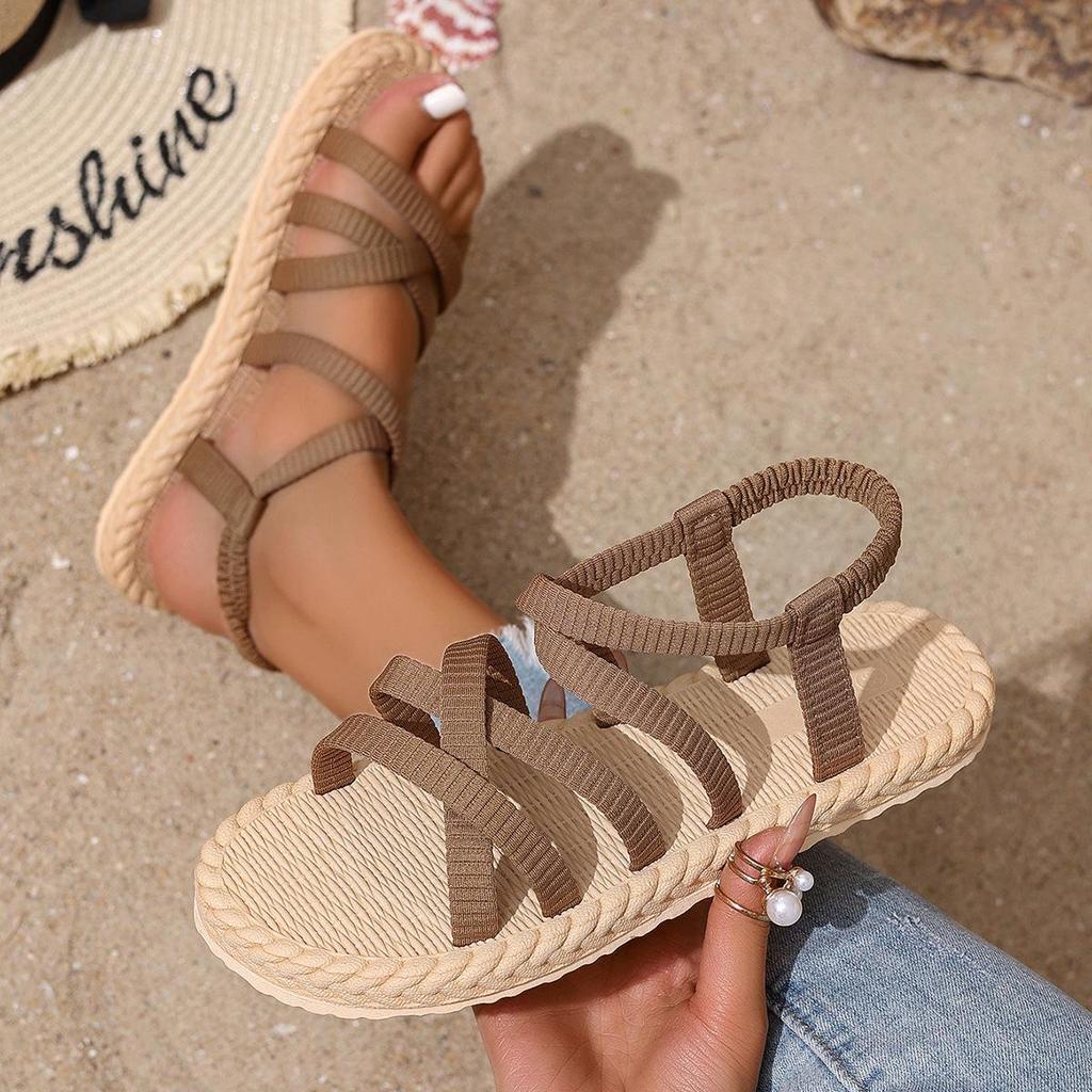 Summer New Imitation Grass Woven Travel Women's Flat Heel Sandals, Wearing Linen Soled Sandals Outside, Women's Beach Slope Heel Slippers