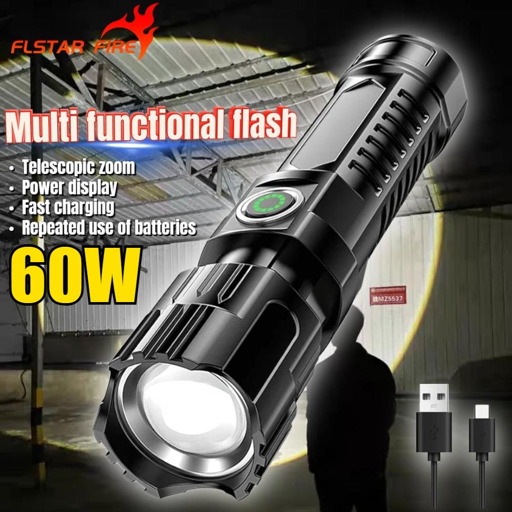 60W Super Power Flashlight USB Rechargeable Built In Battery Telescopic Zoom  Flashlight Handheld Outdoor Emergency Lighting