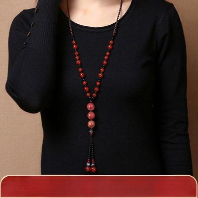 GEMCHIC Dam Vintage Etnisk Stil Röd Agat Lång Tofs Halsband Handgjord Pärlad Tröjkedja Hänge