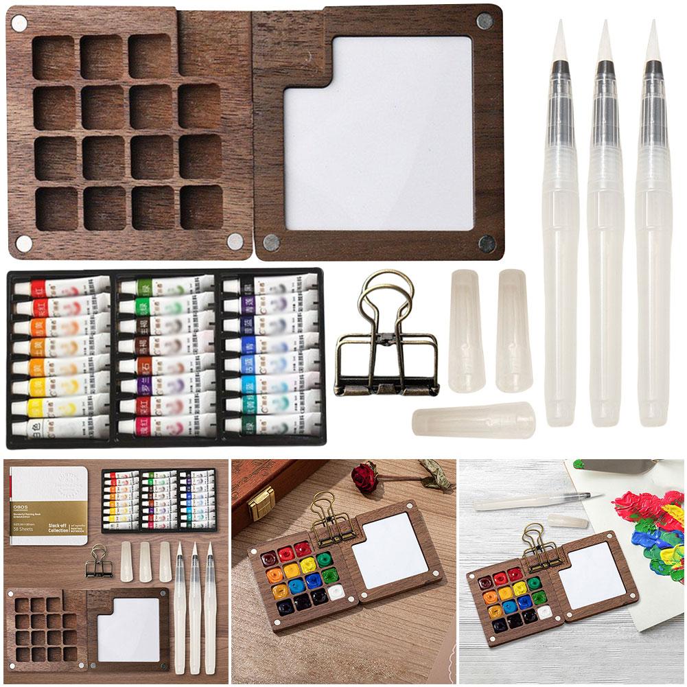 New Mini Watercolor Paint Set Portable Pocket Artist Travel Art Painting Kit with Clip Wooden 8/15 Grid Box Miniature Color Set