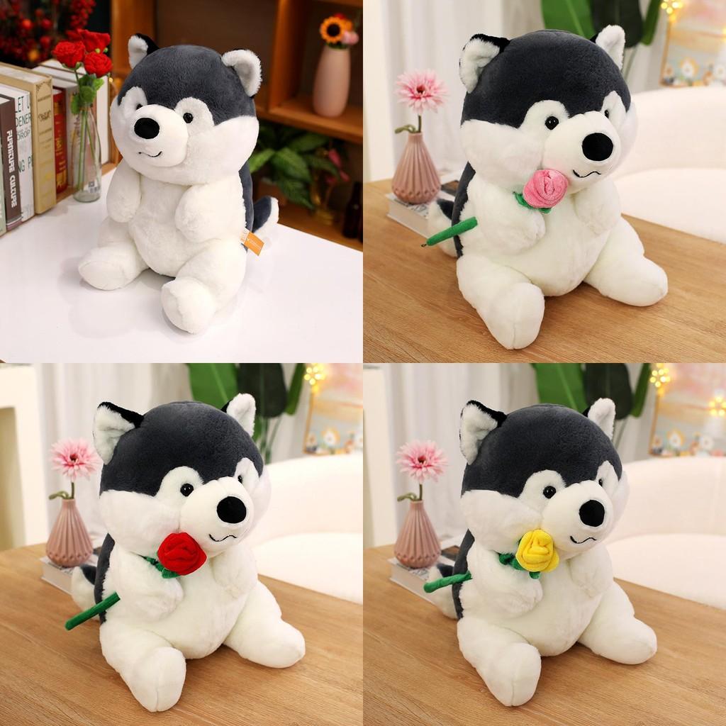 Cute Cartoon Handheld Rose Husky Plush Stuffed Toy Pillow For Room Decoration