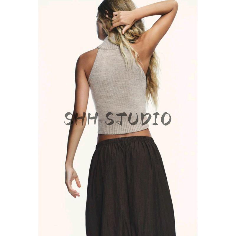 Autumn New Women Sleeveless Vest Pure Color Silm Hanging Collar off-the-Shoulder Knitting Tops 6771138