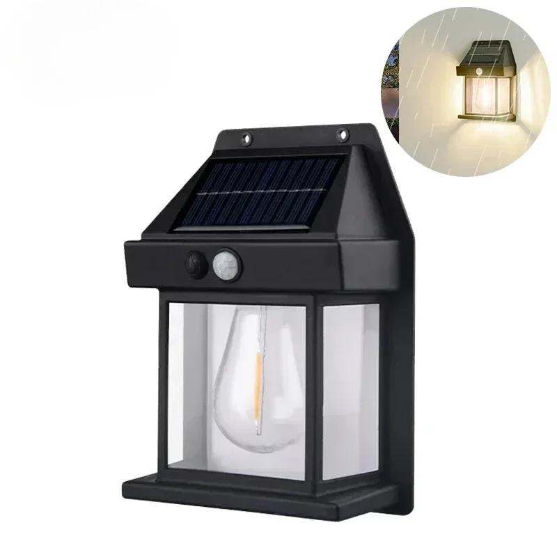 LED Outdoor Solar Wall Light Tungsten Filament Garden Lamp with Motion Sensor Night Lamp 3 Modes Solar Light for Courtyard Fence