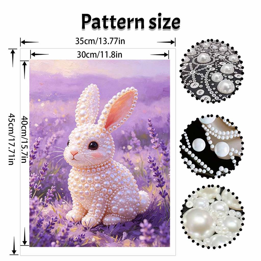 Pearl painting kit features a cute rabbit in a lavender field with 5D pearls and a mosaic art style. home wall decoration.
