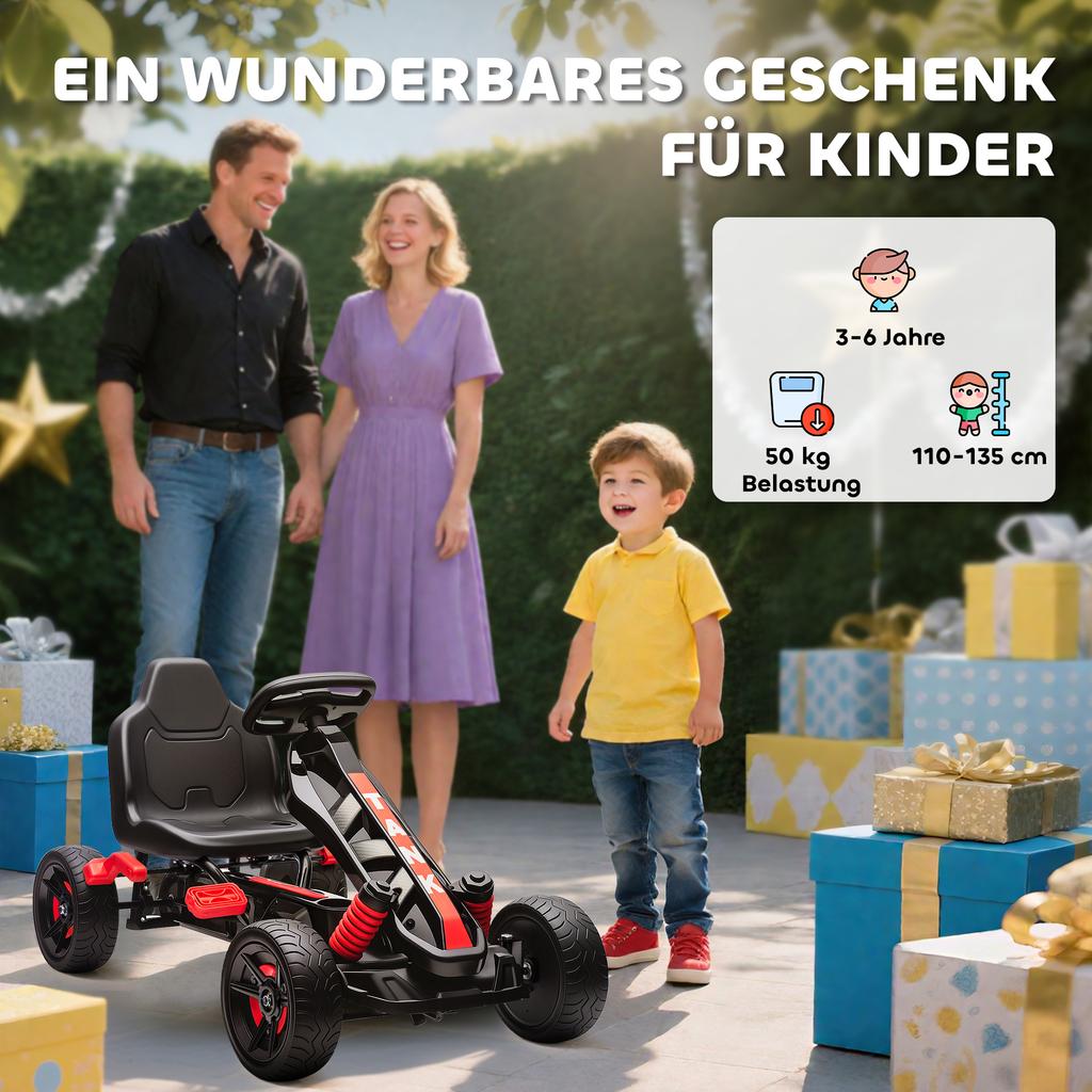 Pedal Go Kart for Kids Aged 3-6 Years, with Freewheel System, Brake, EVA Anti-Slip Wheels, Red