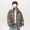 Men's Custom Ethnic Jacquard Fleece Jacket - Autumn Winter Stand Collar, Short Wide Silhouette, Warm Outerwear
