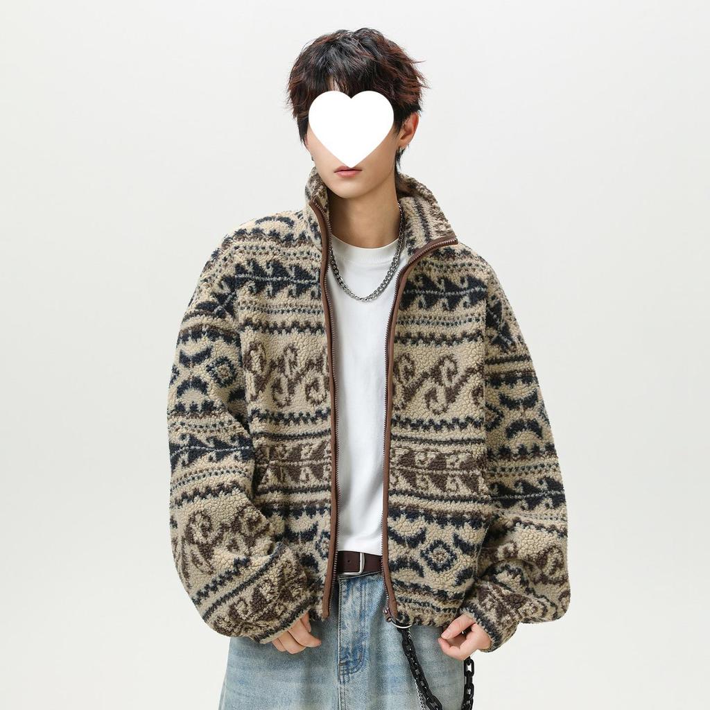Men's Custom Ethnic Jacquard Fleece Jacket - Autumn Winter Stand Collar, Short Wide Silhouette, Warm Outerwear