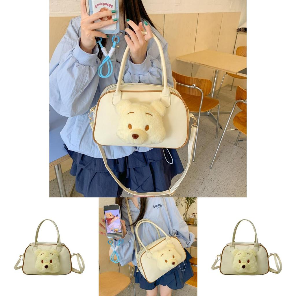 Pooh Bear Plush Doll Decoration Women Tote Bag With Transparent Compartment For Campus And Daily