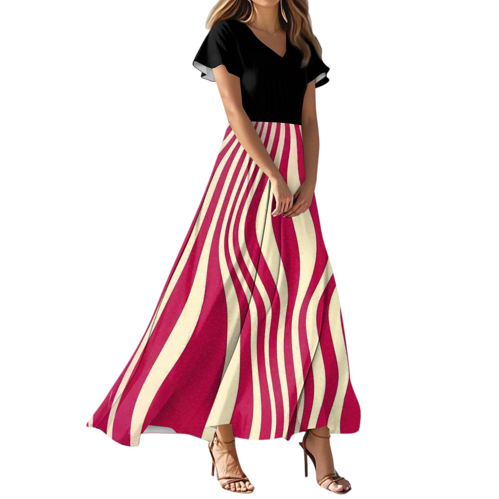 

Женское летнее повседневное модное полосатое принтованное платье с V-образным вырезом и коротким рукавом XS