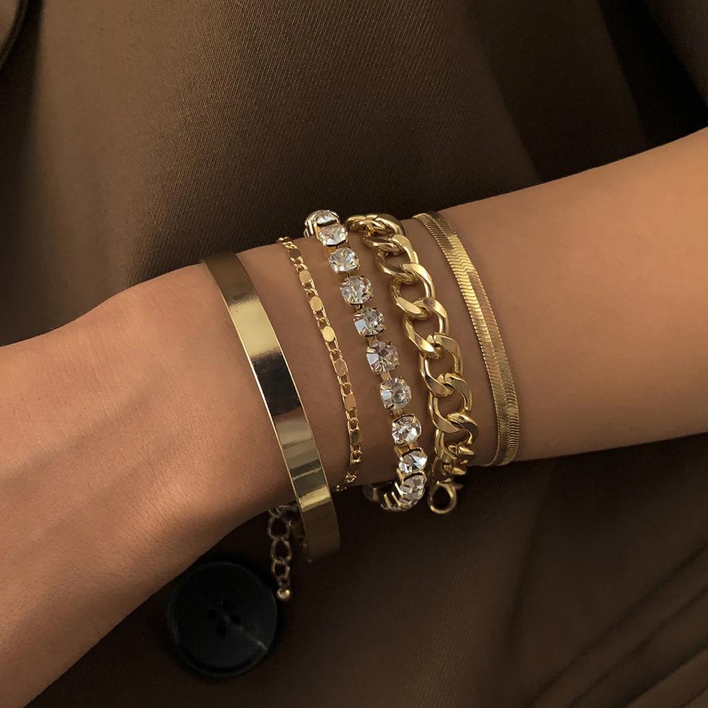 5pcs/Set Vintage Gold /Copper Color Simple Design Multielement Crystal Bracelets Set for Women Adjustable Bangle Zircon GIft