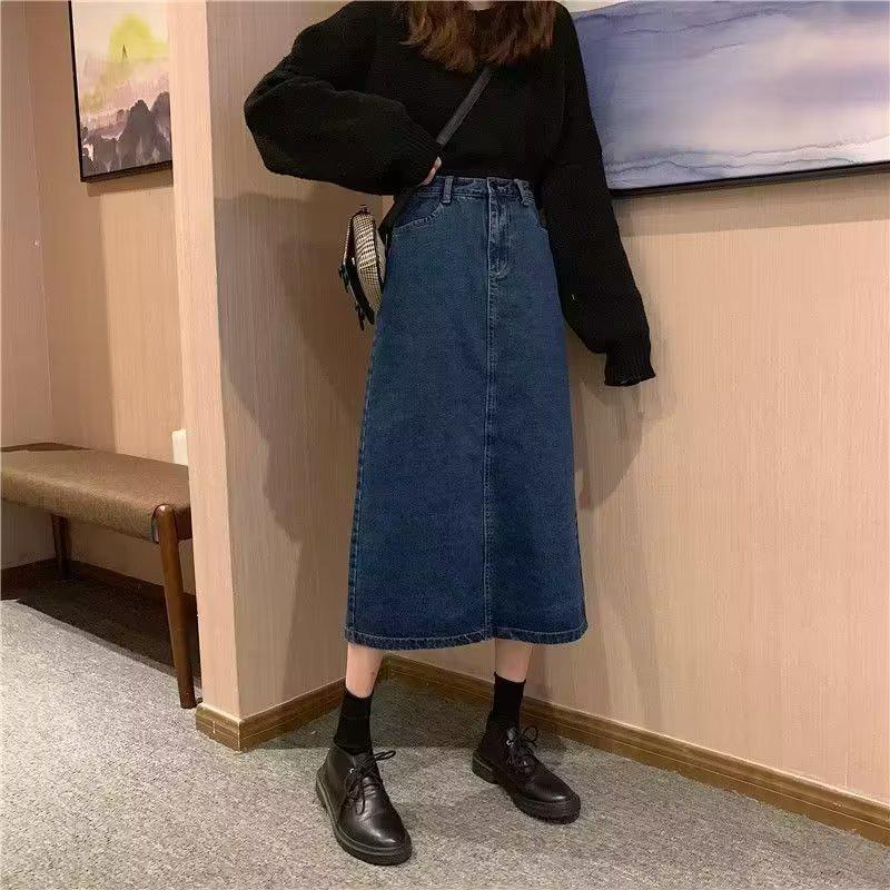 Women's Mid-Length High-Waist A-Line Denim Skirt - 2023 New Winter Korean Retro Style