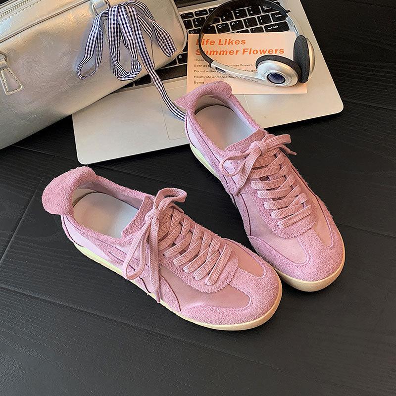 

Первый слой коровьей кожи + дышащая сетка из ледяного шелка, ретро немецкие тренировочные туфли, женские новые повседневные кроссовки на шнуровке, спортивные кеды для скейтборда 36 фиолетовый