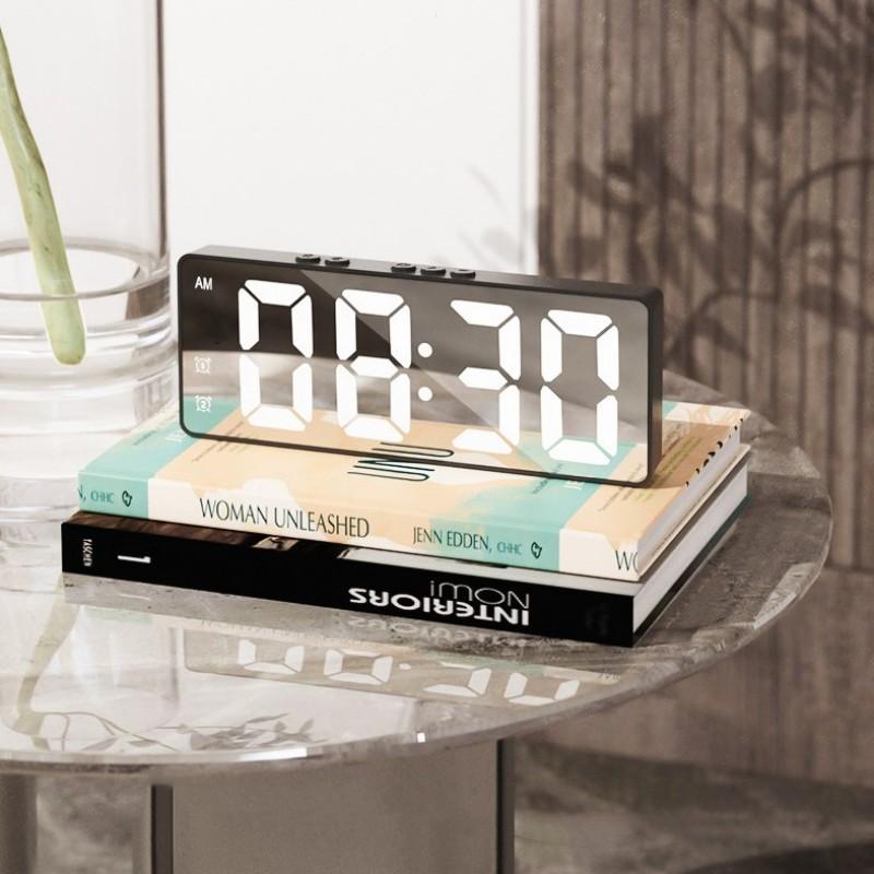 Voice Control Digital Alarm Clock Temperature Date Dual Alarm Snooze Mute Table Clock 12/24H Bedside Mirror LED Clock