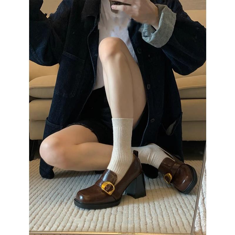 Lan Cabinet 2025 New Retro Square Head Thick Heel One Pedal Loafers High Heel Small Leather Shoes Women's British Style Shoes