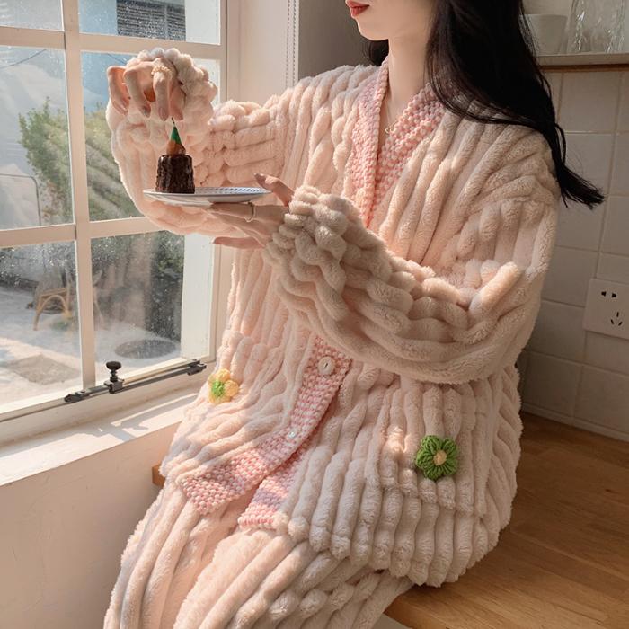 Dam Pyjamas Dam Vinter Flanell Pyjamas Set Fleece Pyjamas Sovkläder Tjock Varm sammet Kvinnlig Hemkläder Kostym Söt Söt Pijamas