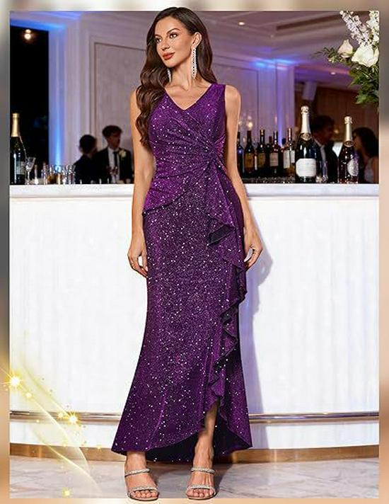 Vestido de Noche Europeo Elegante para Mujer 2025 con Lentejuelas, Cuello en V y Abertura