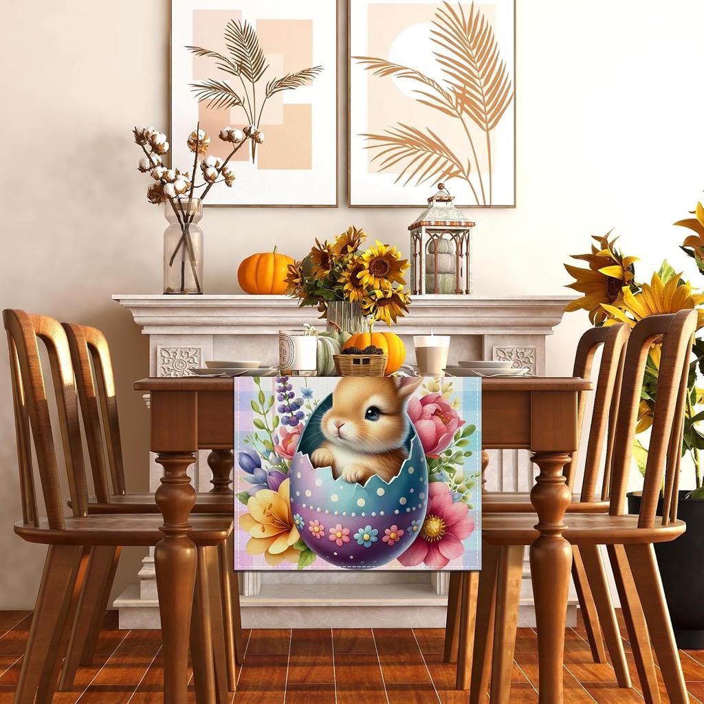 Happy Easter Table Runner Bunny Rabbit Watercolor Easter Eggs Flower Tablecloth Easter Spring Summer Party Decorations and Supplies for Home Kitchen