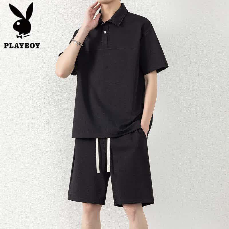 PLAYBOY Men's Ice Silk Polo Shirt & Shorts Casual Set