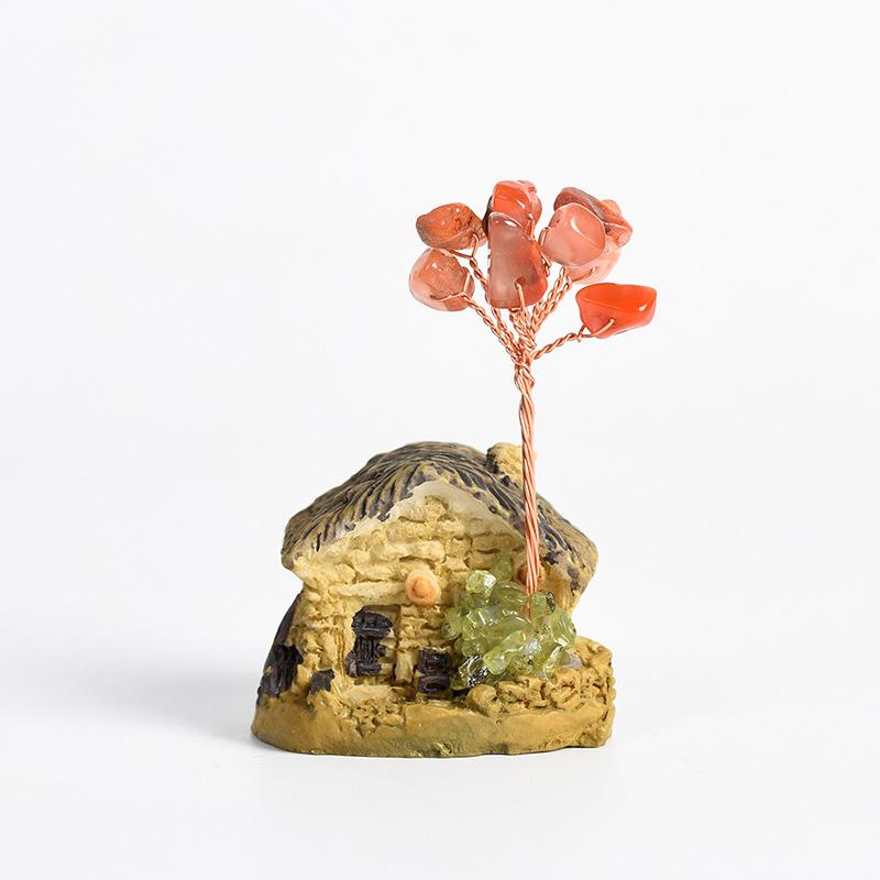 Crystal Mini House Ornament Decorative Crafts Natural Crystal Tree Crushed Stone Wealth Tree Cabin Garden Home Decoration