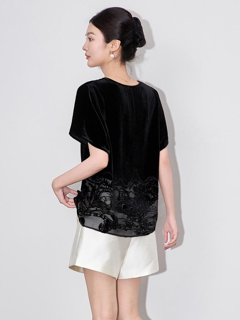 Women's Summer V-Neck Silk Velvet Top with Chinese-Style Landscape