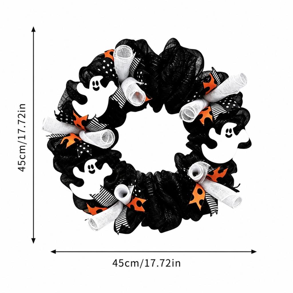 45cm Halloween Ghost Wreath Mesh Ribbon Decorative Door Hanging Halloween Party Indoor Outdoor Decoration