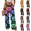 Women Casual Straight Loose Wide Leg Button Halloween Printed Long Pants High Waist Relaxed Fit Trousers for Daily Wear