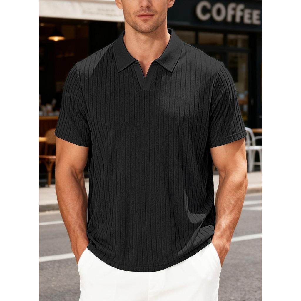 Summer Casual Breathable Towel Jacquard Lapel Men's Striped Short-sleeved Shirt
