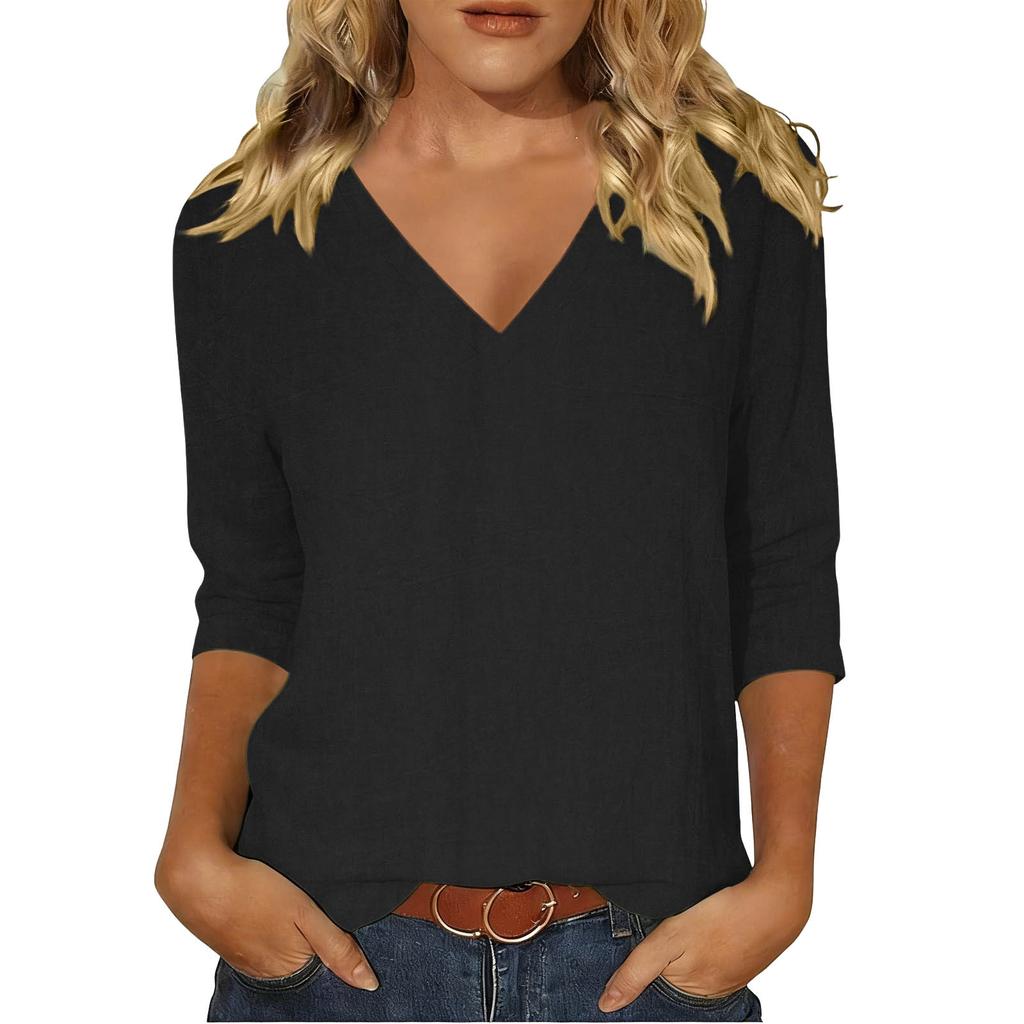 Damen V-Ausschnitt Locker Geschnittenes T-Shirt Lässiges Leinen Baumwollmischung Oberteil Langarm Basic Pullover Entspannte Passform Bluse für den Täglichen Gebrauch